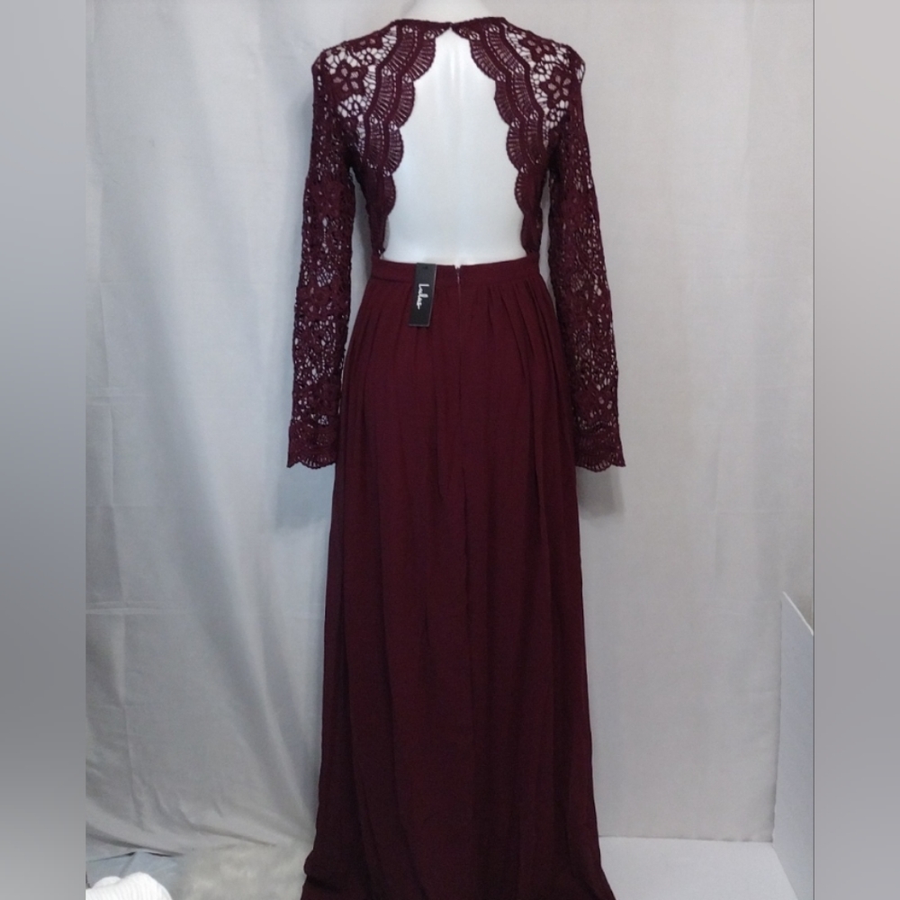 NWT Lulus Burgundy Lace Open Back Maxi Gown Romantic Formal Evening Glam Medium - Picture 6 of 14
